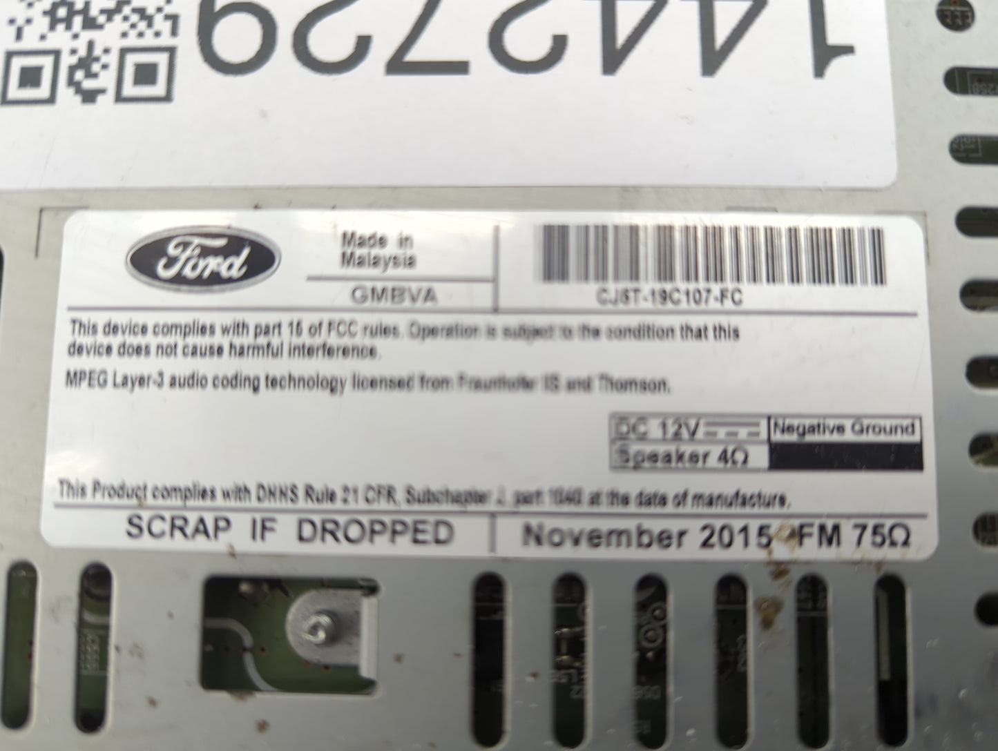 2015-2016 Ford Escape Radio AM FM Cd Player Receiver Replacement P/N:CJ5T-19C107-FC CG-FJ2E0UMF Fits Fits 2015 2016 OEM Used