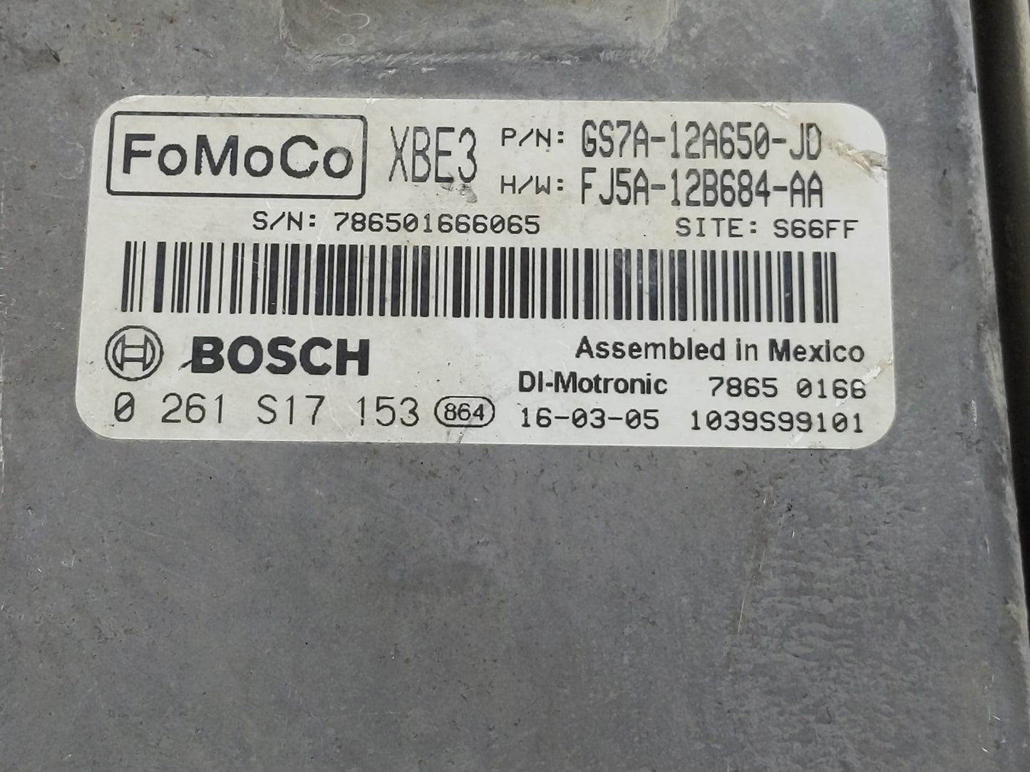 2016 Ford Fusion PCM Engine Control Computer ECU ECM PCU OEM P/N:0 261 S17 153 GS7A-12A650-JD Fits OEM Used Auto Parts - Oem