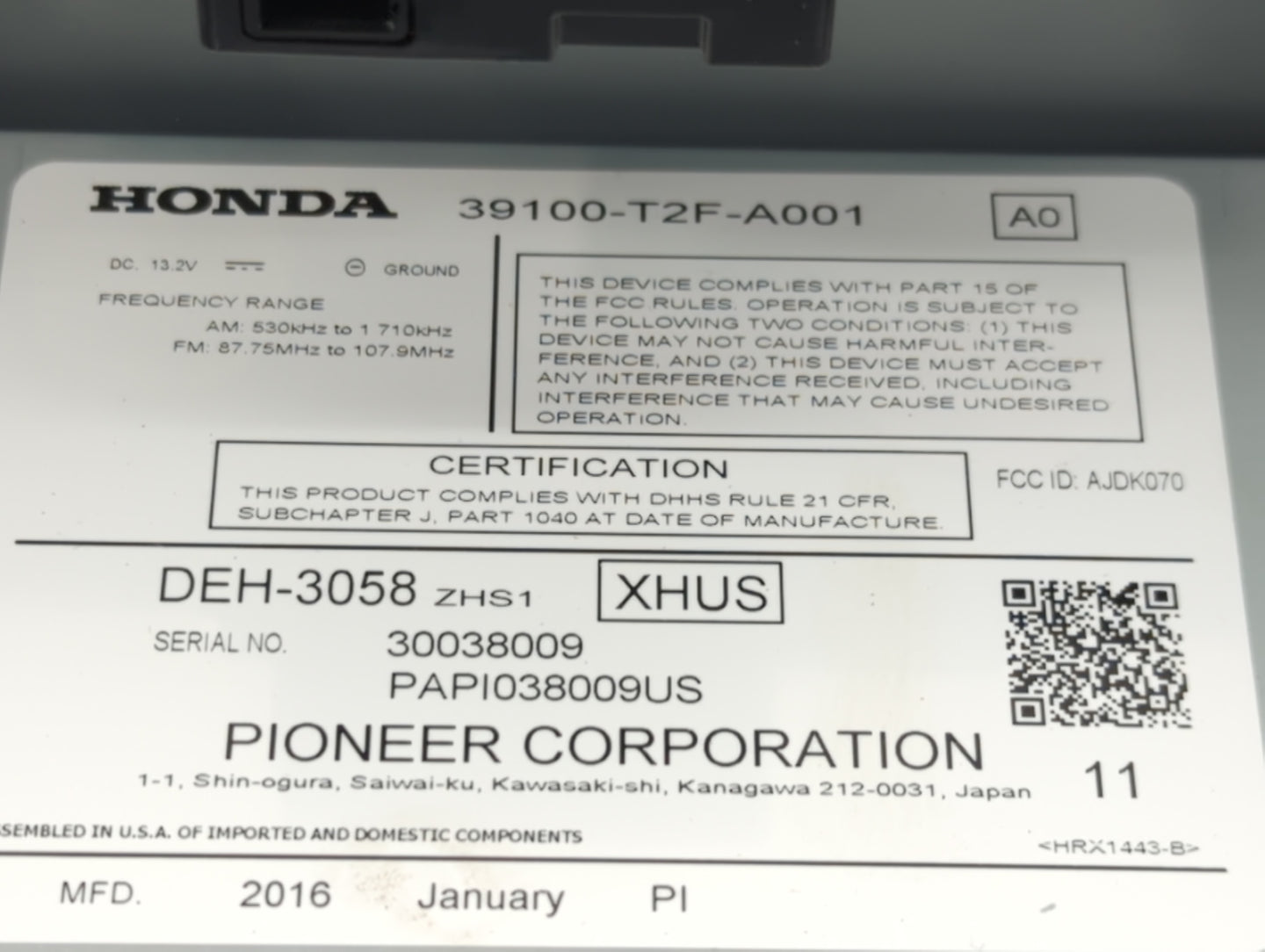 2016 Honda Accord Radio AM FM Cd Player Receiver Replacement P/N:39100-T2F-A001 Fits OEM Used Auto Parts - Oemusedautoparts1