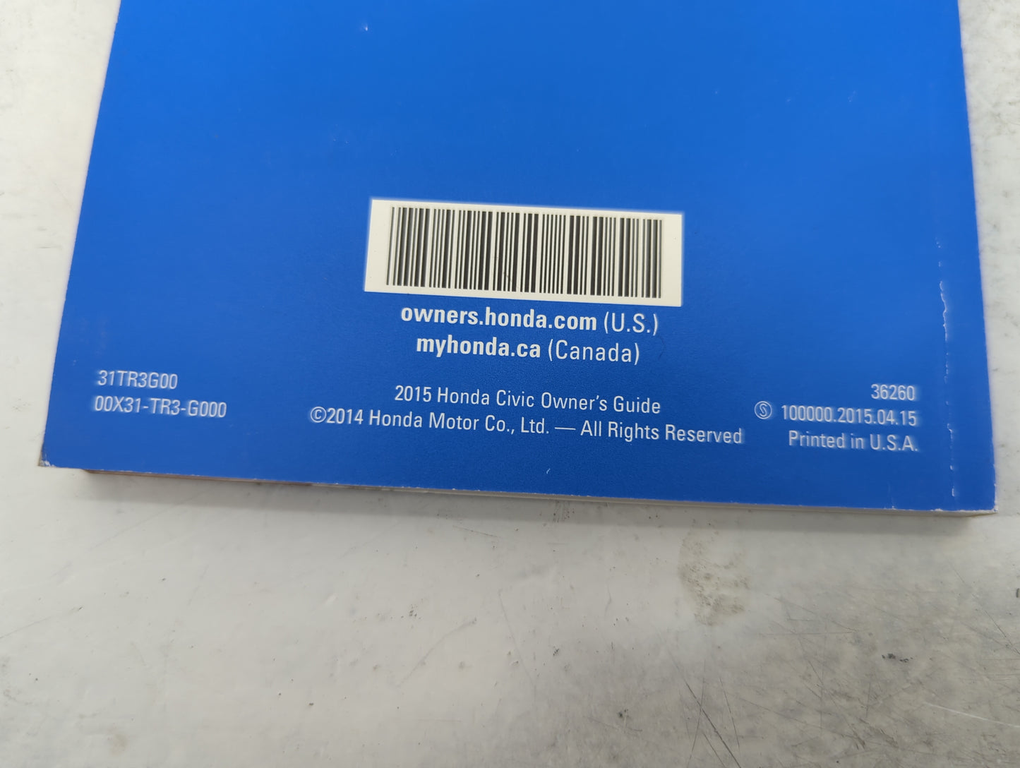 2016 Honda Civic Owners Manual Book Guide P/N:31TR3G00 00X31-TR3-G000, 31H15B00, 00X31-H15-B000 OEM Used Auto Parts - Oemuse