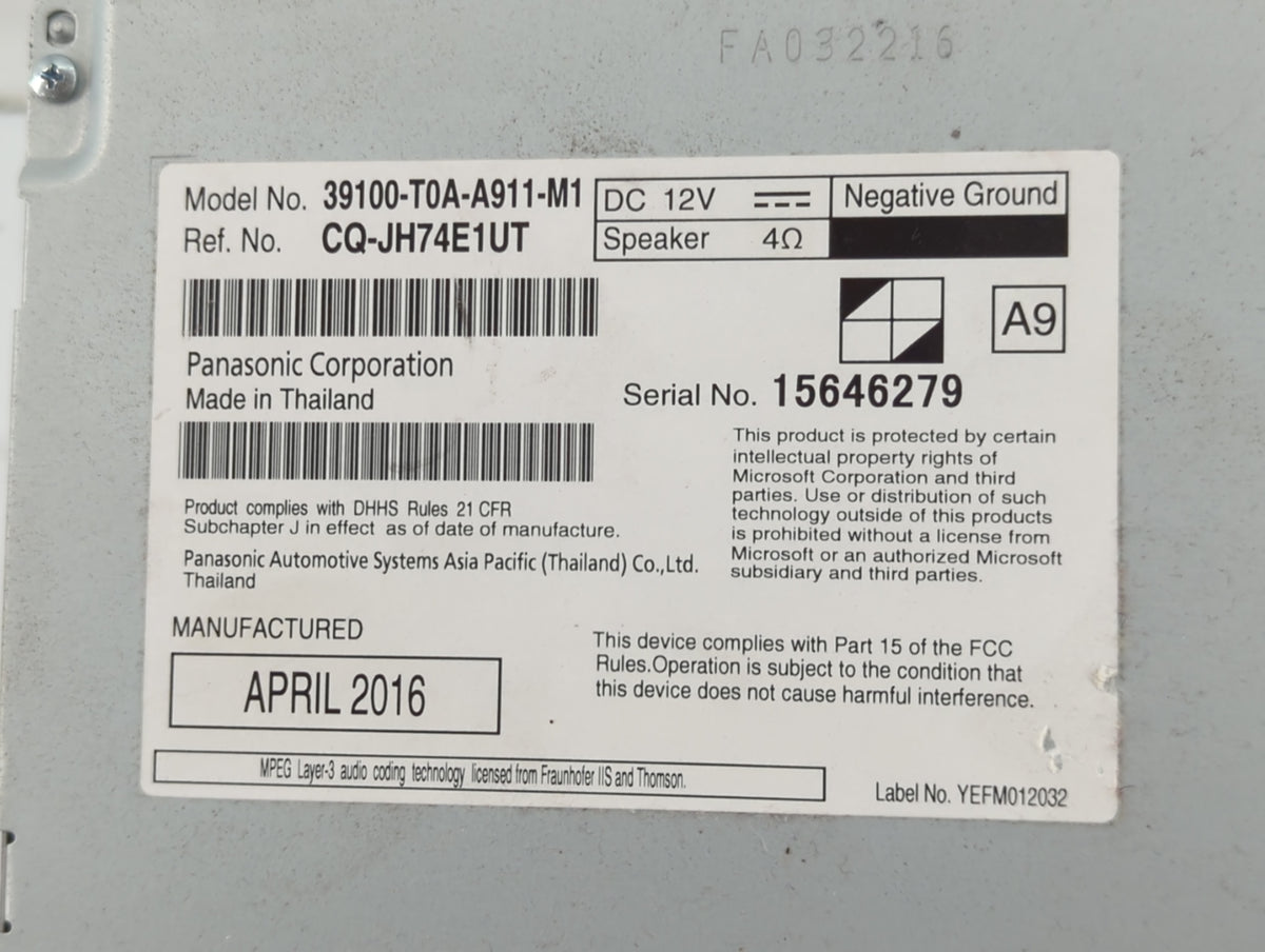 2016 Honda Cr-V Radio AM FM Cd Player Receiver Replacement P/N:39100-T0A-A911-M1 Fits Fits 2012 2013 2014 2015 OEM Used Auto