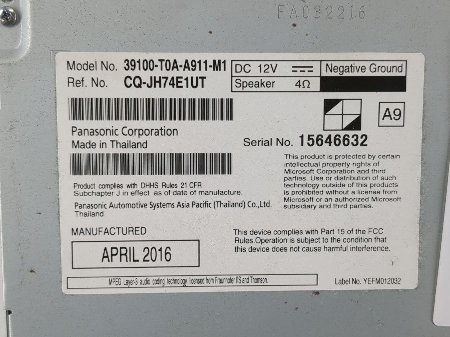 2015-2016 Honda Cr-V Radio AM FM Cd Player Receiver Replacement P/N:39100-T0A-A911-M1 Fits Fits 2015 2016 OEM Used Auto Part