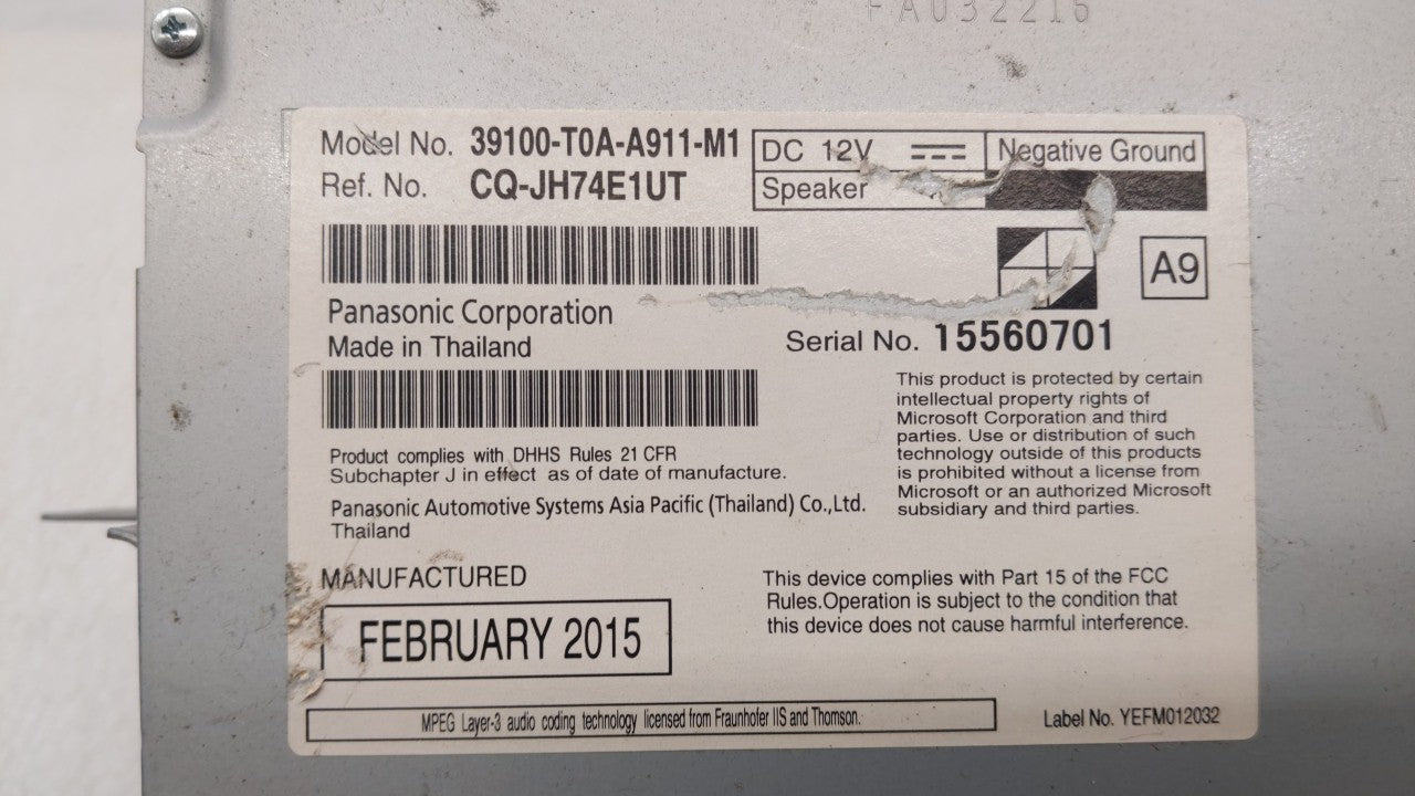 2015-2016 Honda Cr-V Radio AM FM Cd Player Receiver Replacement P/N:39100-T0A-A911-M1 Fits Fits 2015 2016 OEM Used Auto Part