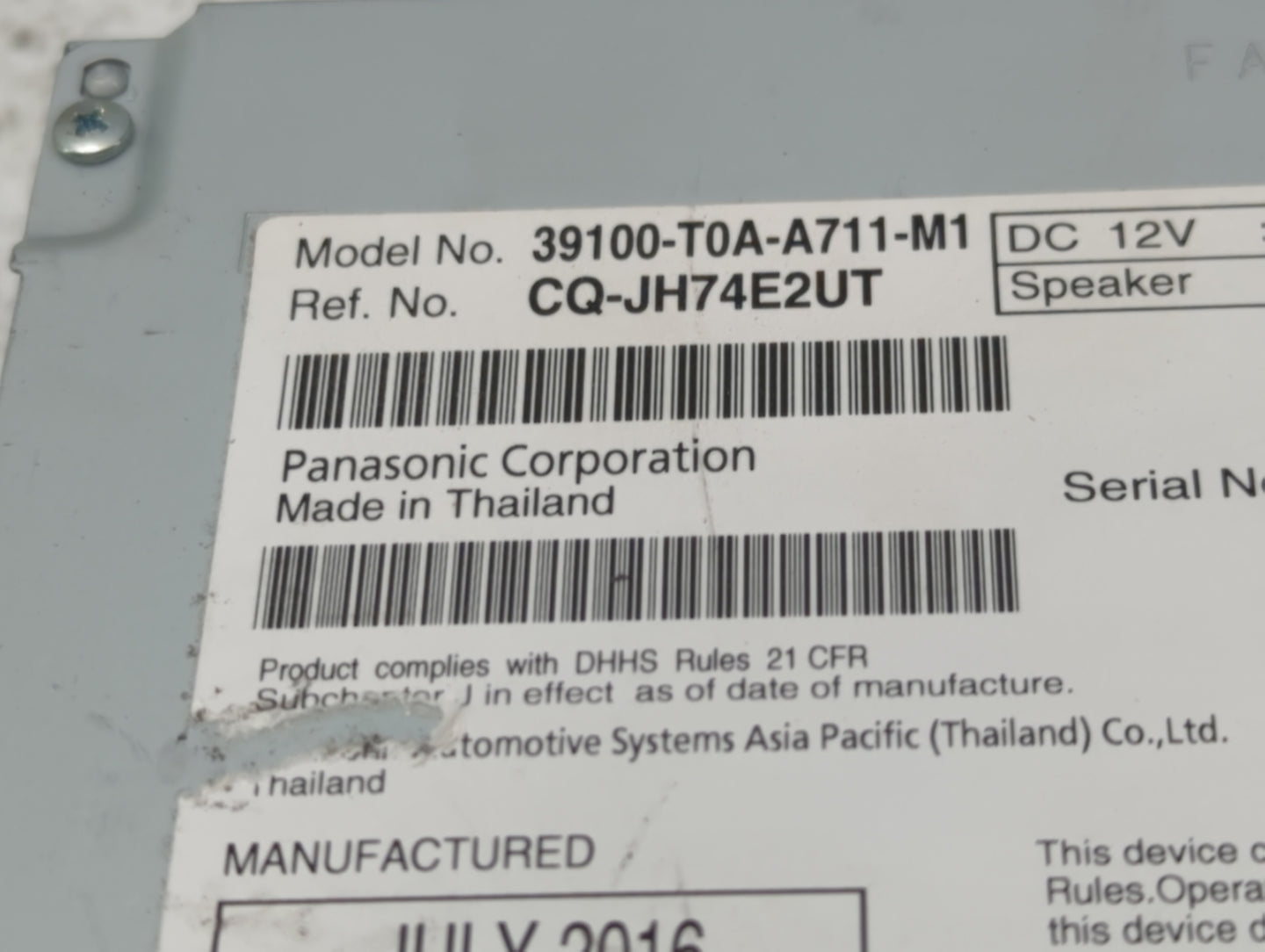 2016 Honda Cr-V Radio AM FM Cd Player Receiver Replacement P/N:39100-T0A-A711-M1 Fits OEM Used Auto Parts - Oemusedautoparts