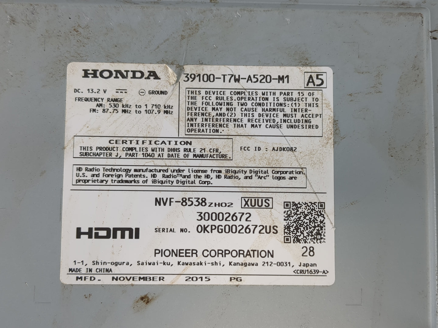 2016 Honda Hr-V Radio AM FM Cd Player Receiver Replacement P/N:39100-T7W-A513-M1 Fits OEM Used Auto Parts - Oemusedautoparts