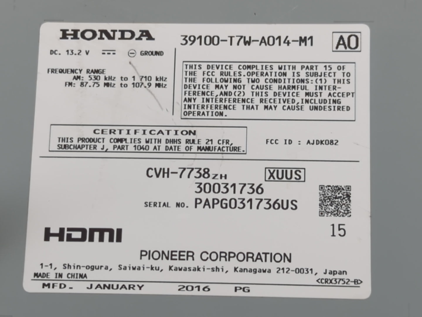 2016 Honda Hr-V Radio AM FM Cd Player Receiver Replacement P/N:39100-T7W-A014-M1 Fits OEM Used Auto Parts - Oemusedautoparts