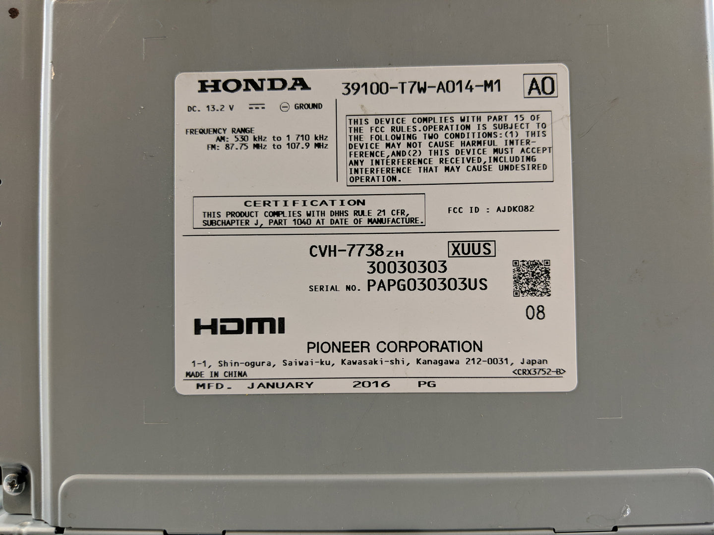 2016 Honda Hr-V Radio AM FM Cd Player Receiver Replacement P/N:CVH-7738ZH 39100-T7W-A014-M1 Fits OEM Used Auto Parts - Oemus