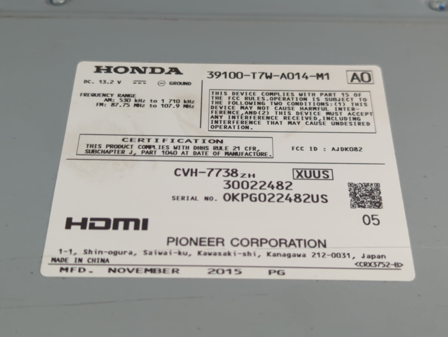 2016 Honda Hr-V Radio AM FM Cd Player Receiver Replacement P/N:39100-T7W-A014-M1 Fits OEM Used Auto Parts - Oemusedautoparts