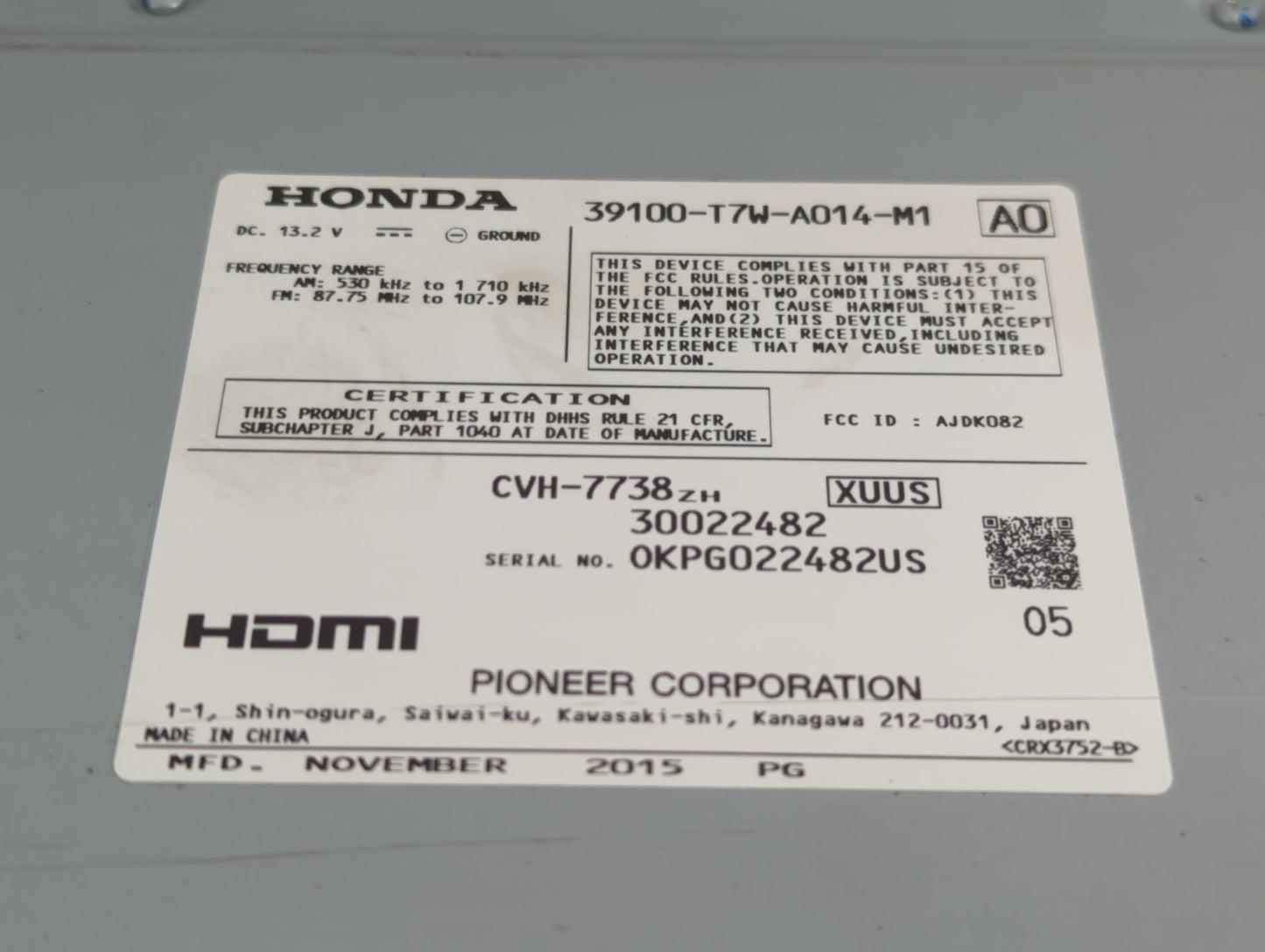 2016 Honda Hr-V Radio AM FM Cd Player Receiver Replacement P/N:39100-T7W-A014-M1 Fits OEM Used Auto Parts - Oemusedautoparts