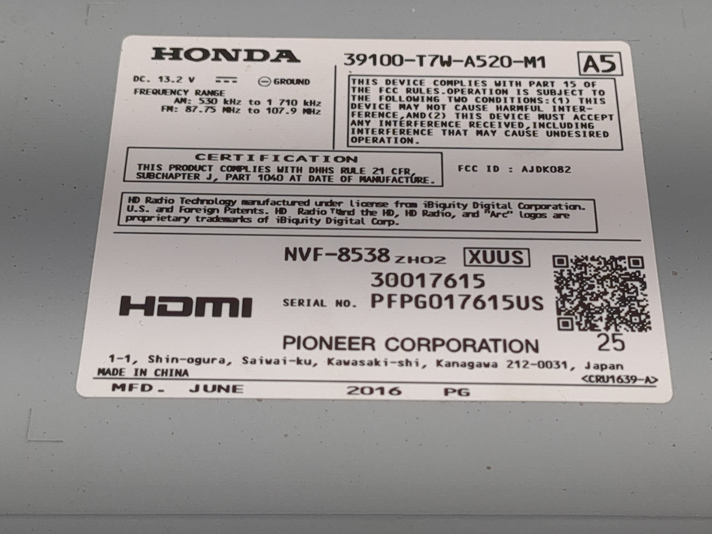 2016 Honda Hr-V Radio AM FM Cd Player Receiver Replacement P/N:39100-T7W-A520-M1 Fits OEM Used Auto Parts - Oemusedautoparts