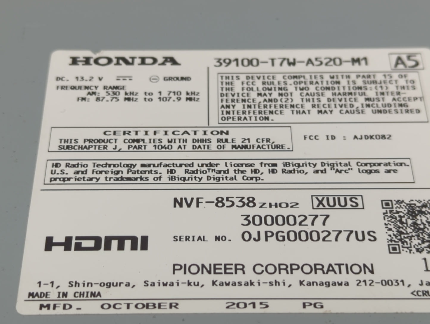 2016 Honda Hr-V Radio AM FM Cd Player Receiver Replacement P/N:39100-T7W-A520-M1 Fits OEM Used Auto Parts - Oemusedautoparts