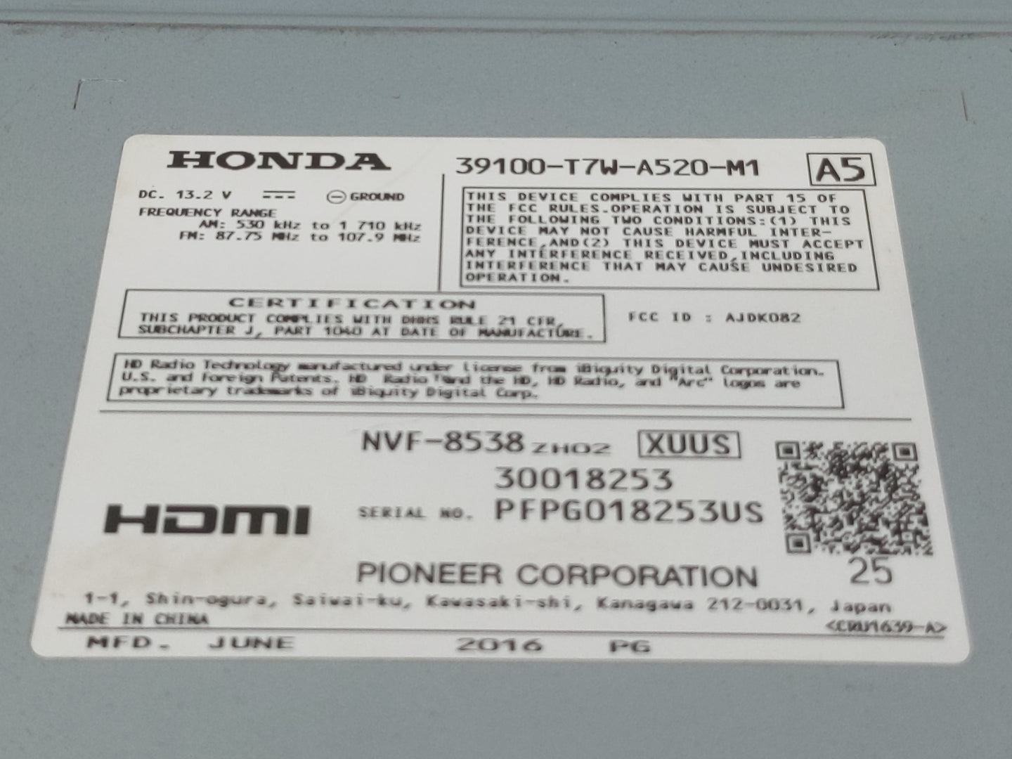 2016 Honda Hr-V Radio AM FM Cd Player Receiver Replacement P/N:39100-T7W-A520-M1 Fits OEM Used Auto Parts - Oemusedautoparts