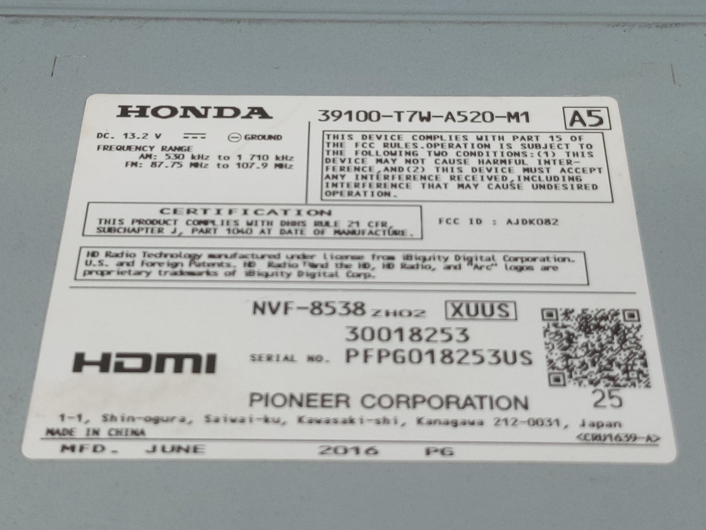2016 Honda Hr-V Radio AM FM Cd Player Receiver Replacement P/N:39100-T7W-A520-M1 Fits OEM Used Auto Parts - Oemusedautoparts