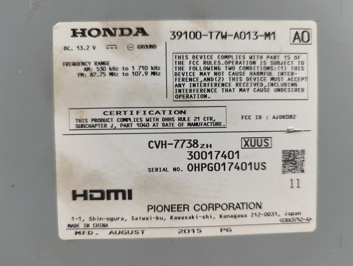 2016 Honda Hr-V Radio AM FM Cd Player Receiver Replacement P/N:39100-T7W-A013-M1 CVH-7738, AJDK082 Fits OEM Used Auto Parts 