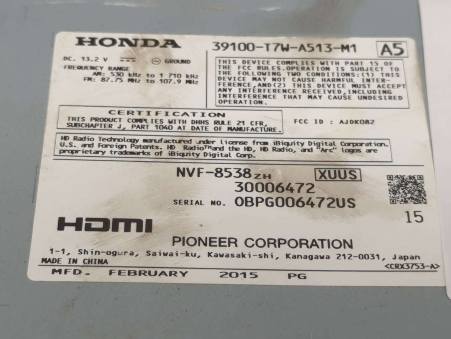 2016 Honda Hr-V Radio AM FM Cd Player Receiver Replacement P/N:39100-T7W-A513-M1 NVF-8538, 30006472, AJDK082 Fits OEM Used A