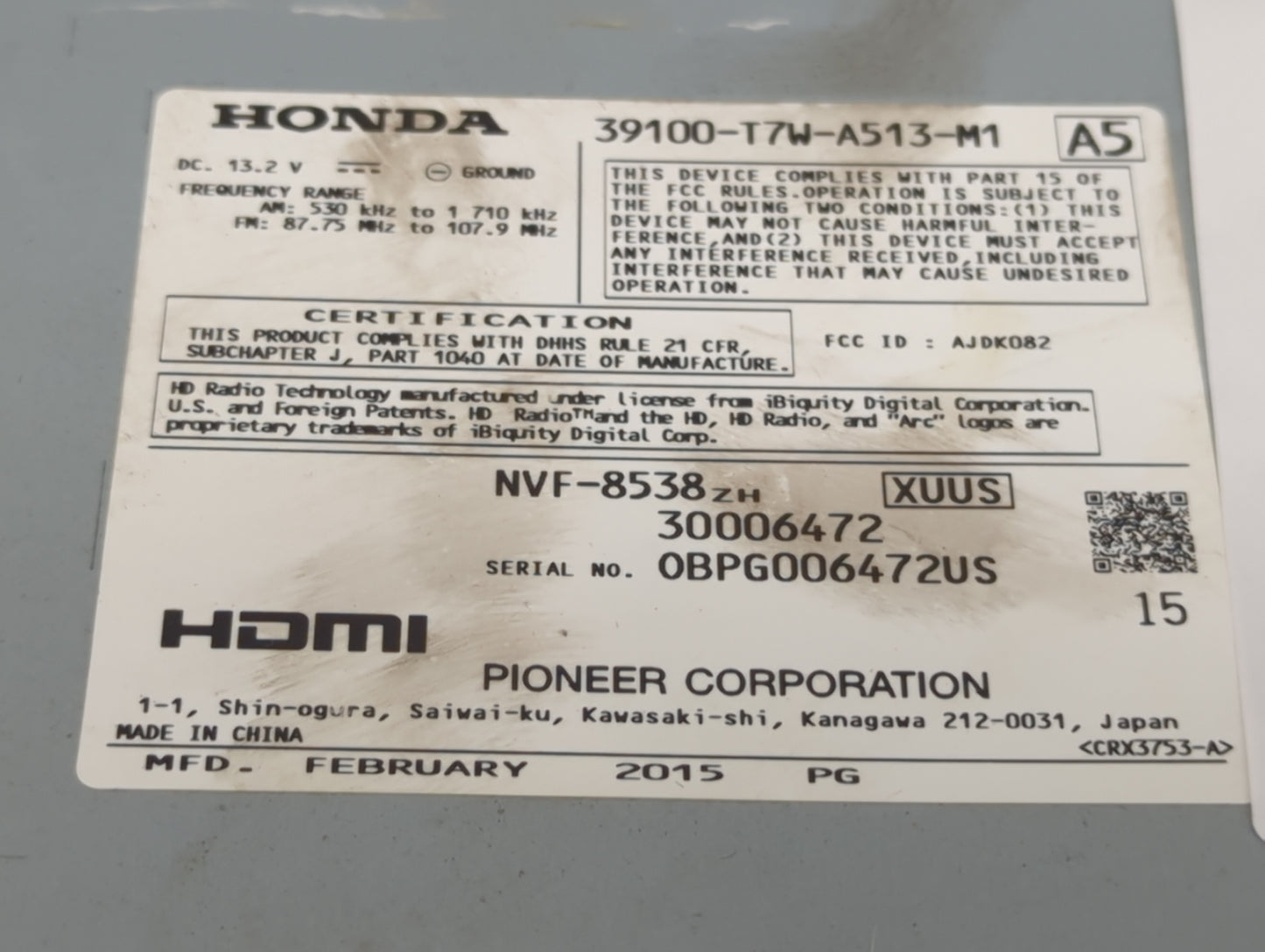 2016 Honda Hr-V Radio AM FM Cd Player Receiver Replacement P/N:39100-T7W-A513-M1 NVF-8538, 30006472, AJDK082 Fits OEM Used A