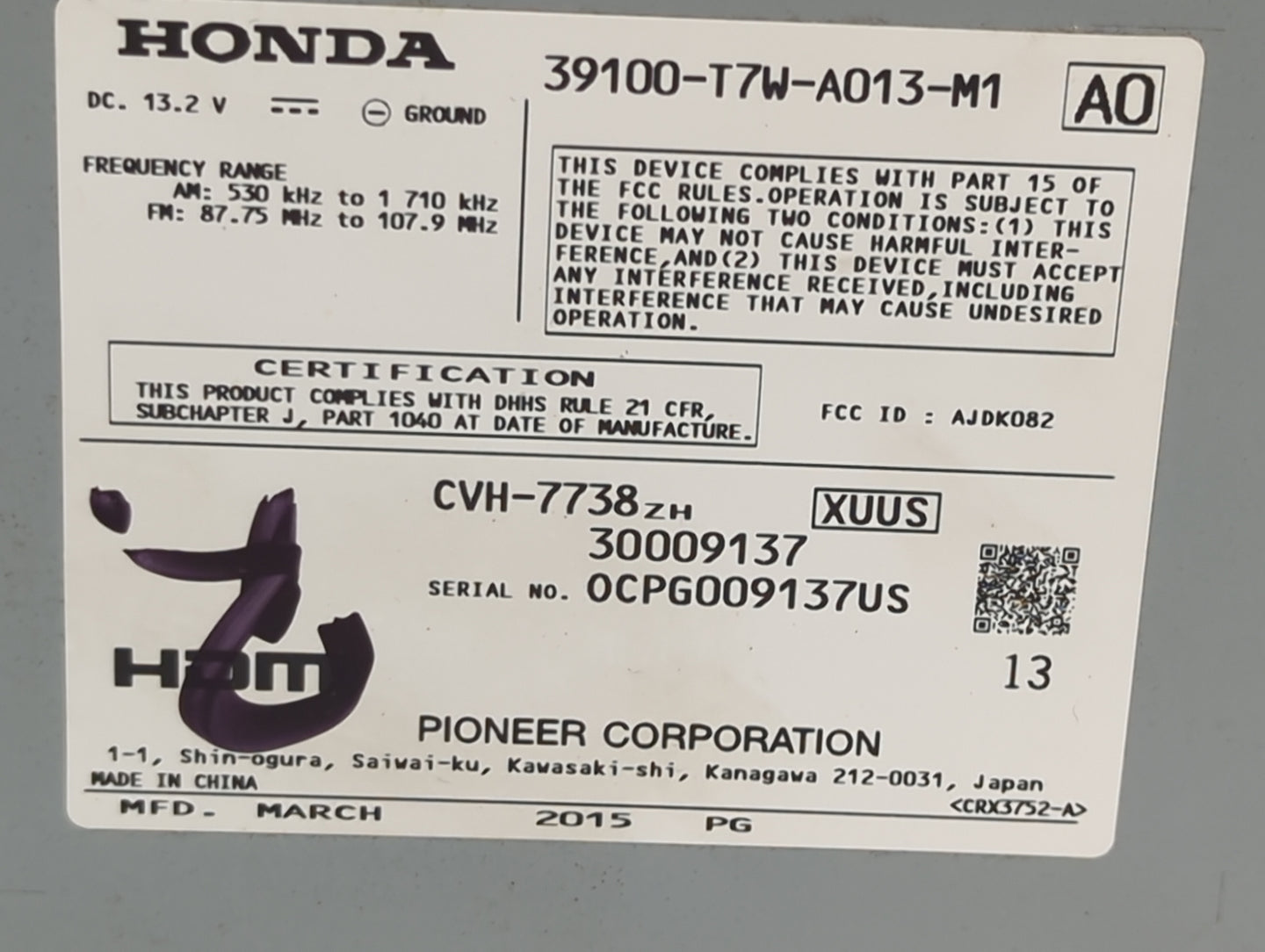2016 Honda Hr-V Radio AM FM Cd Player Receiver Replacement P/N:39100-T7W-A013-M1 AJDK082, CVH-7738 Fits OEM Used Auto Parts 
