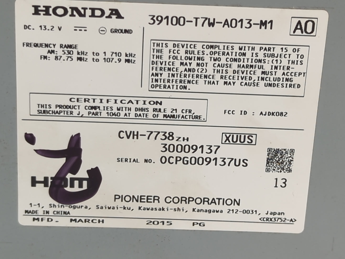 2016 Honda Hr-V Radio AM FM Cd Player Receiver Replacement P/N:39100-T7W-A013-M1 AJDK082, CVH-7738 Fits OEM Used Auto Parts 