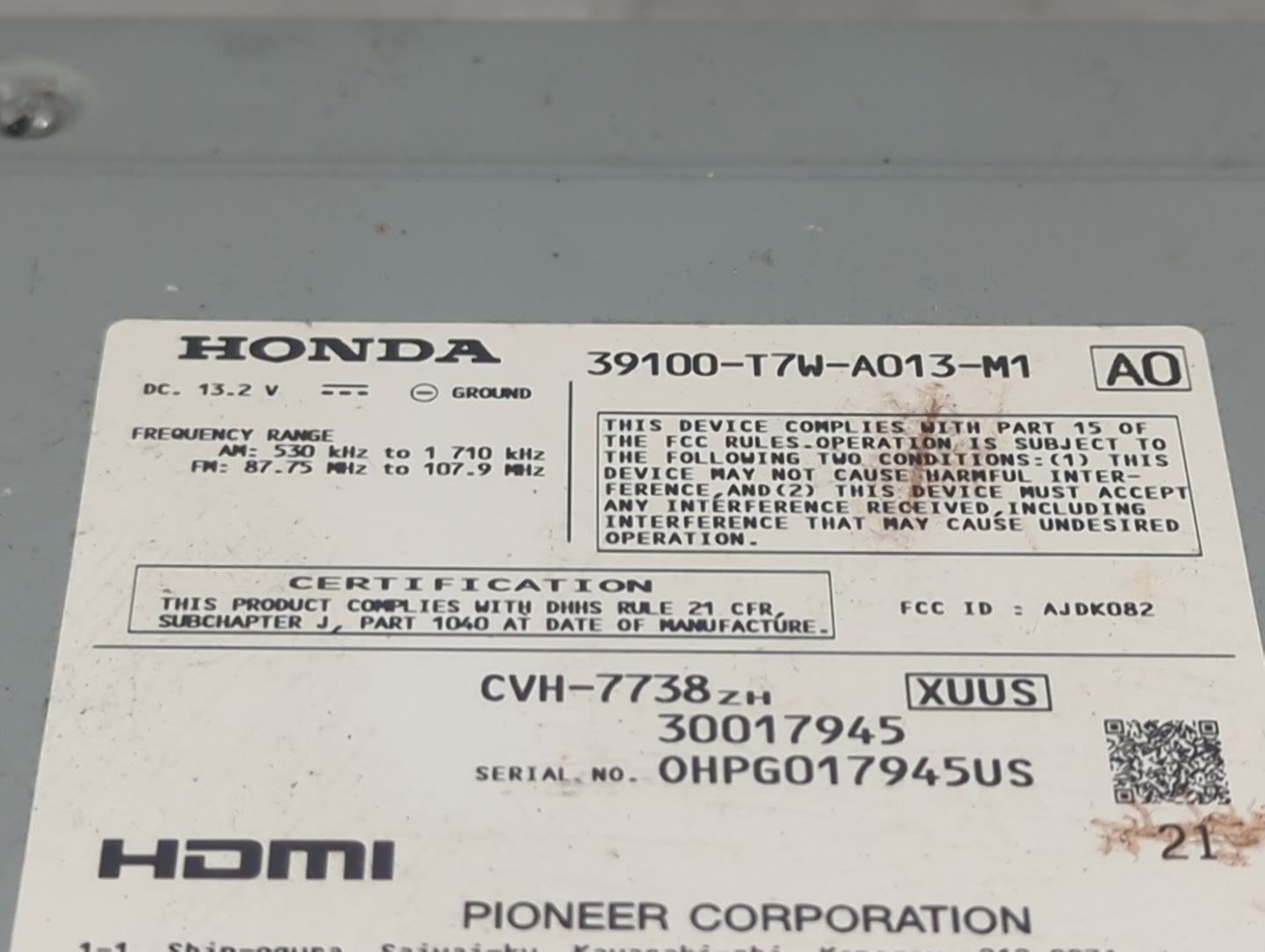 2016 Honda Hr-V Radio AM FM Cd Player Receiver Replacement P/N:39100-T7W-A013-M1 CVH-7738, AJDK082 Fits OEM Used Auto Parts 