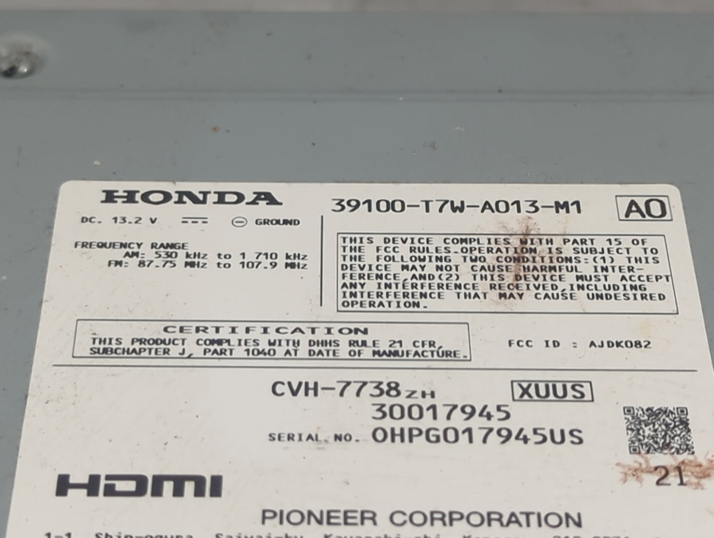 2016 Honda Hr-V Radio AM FM Cd Player Receiver Replacement P/N:39100-T7W-A013-M1 CVH-7738, AJDK082 Fits OEM Used Auto Parts 