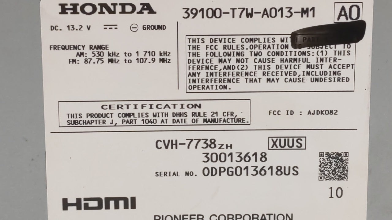 2016 Honda Hr-V Radio AM FM Cd Player Receiver Replacement P/N:39100-T7W-A013-M1 39100-T7W-A710-M1 Fits OEM Used Auto Parts 