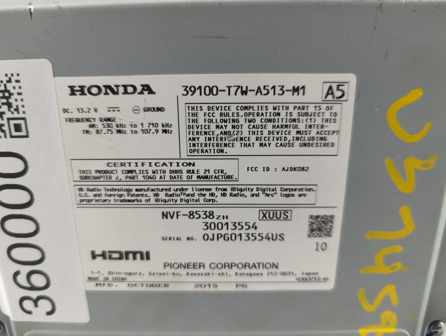 2016-2016 Honda Hr-v Am Fm Cd Player Radio Receiver - Oemusedautoparts1.com