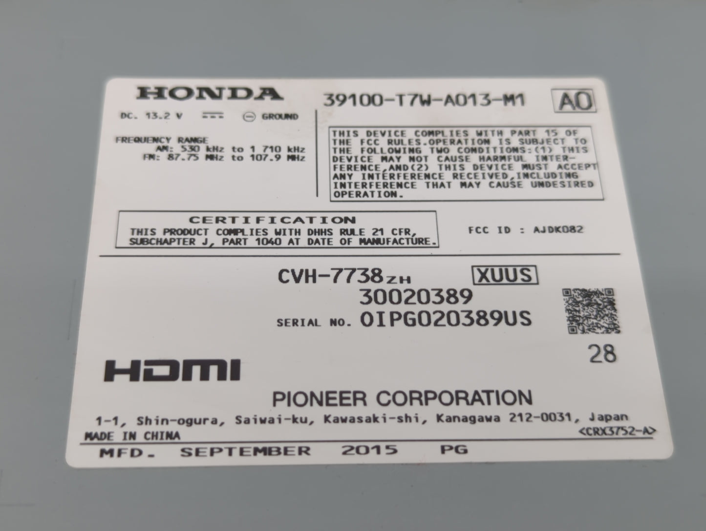 2016 Honda Hr-V Radio AM FM Cd Player Receiver Replacement P/N:39100-T7W-A013-M1 39100-T7W-A310-M1, 39100-T7W-A014-M1 Fits O