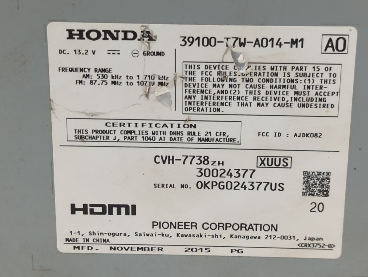 2016-2016 Honda Hr-v Am Fm Cd Player Radio Receiver - Oemusedautoparts1.com