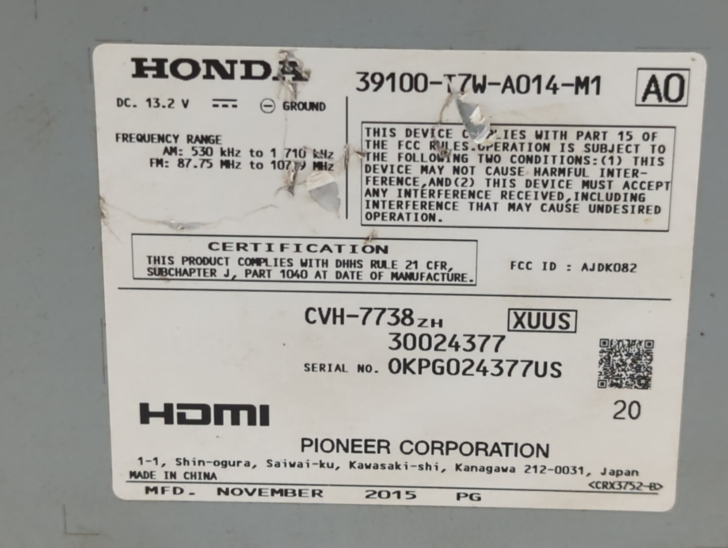 2016-2016 Honda Hr-v Am Fm Cd Player Radio Receiver - Oemusedautoparts1.com