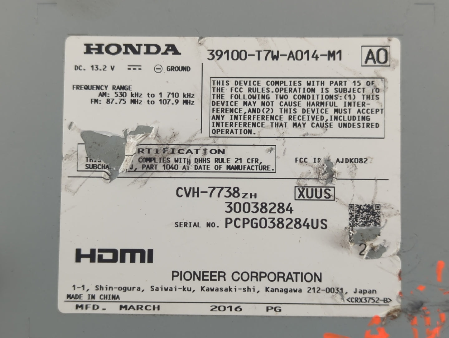 2016-2016 Honda Hr-v Am Fm Cd Player Radio Receiver - Oemusedautoparts1.com
