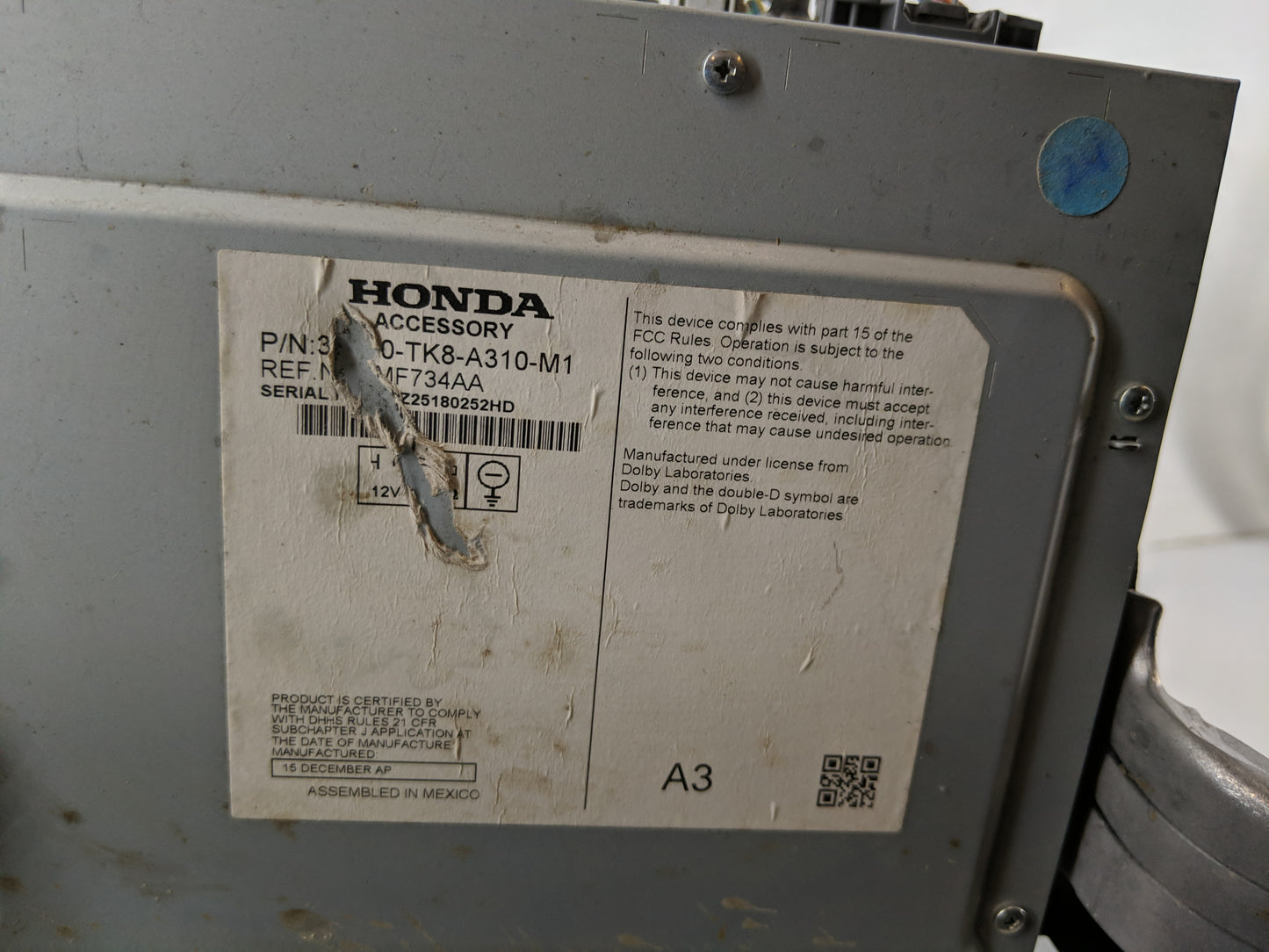 2014-2017 Honda Odyssey Radio AM FM Cd Player Receiver Replacement P/N:39540-TK8-A110-M1 Fits Fits 2014 2015 2016 2017 OEM U