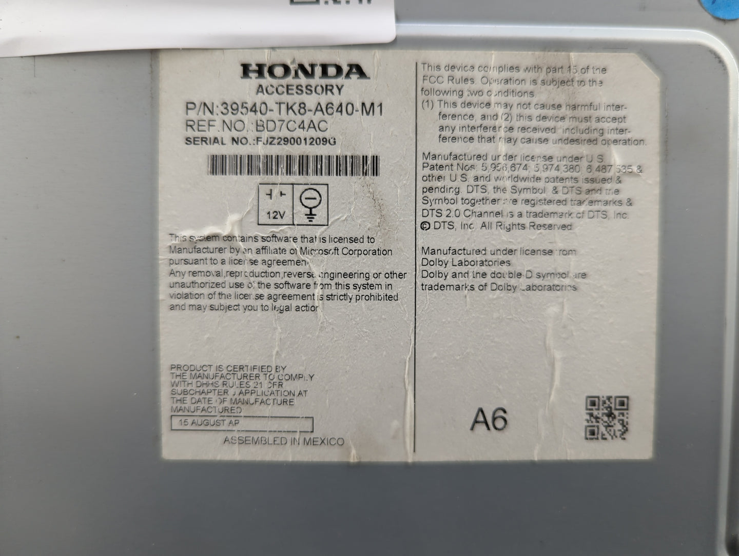 2014-2017 Honda Odyssey Radio AM FM Cd Player Receiver Replacement P/N:39540-TK8-A640-M1 BD7C4AC Fits Fits 2014 2015 2016 20