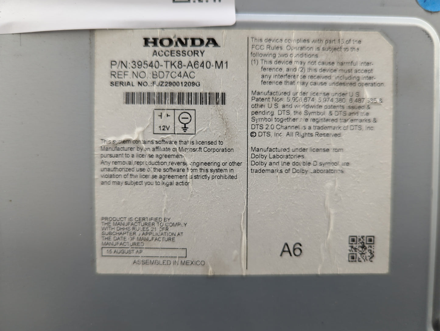 2014-2017 Honda Odyssey Radio AM FM Cd Player Receiver Replacement P/N:39540-TK8-A640-M1 BD7C4AC Fits Fits 2014 2015 2016 20