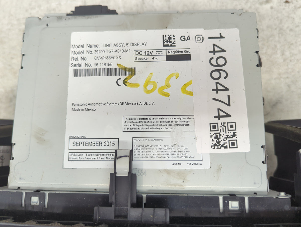 2016-2019 Honda Pilot Radio AM FM Cd Player Receiver Replacement P/N:39100-TG7-A010-M1 CV-VH85E0GX Fits Fits 2016 2017 2018 