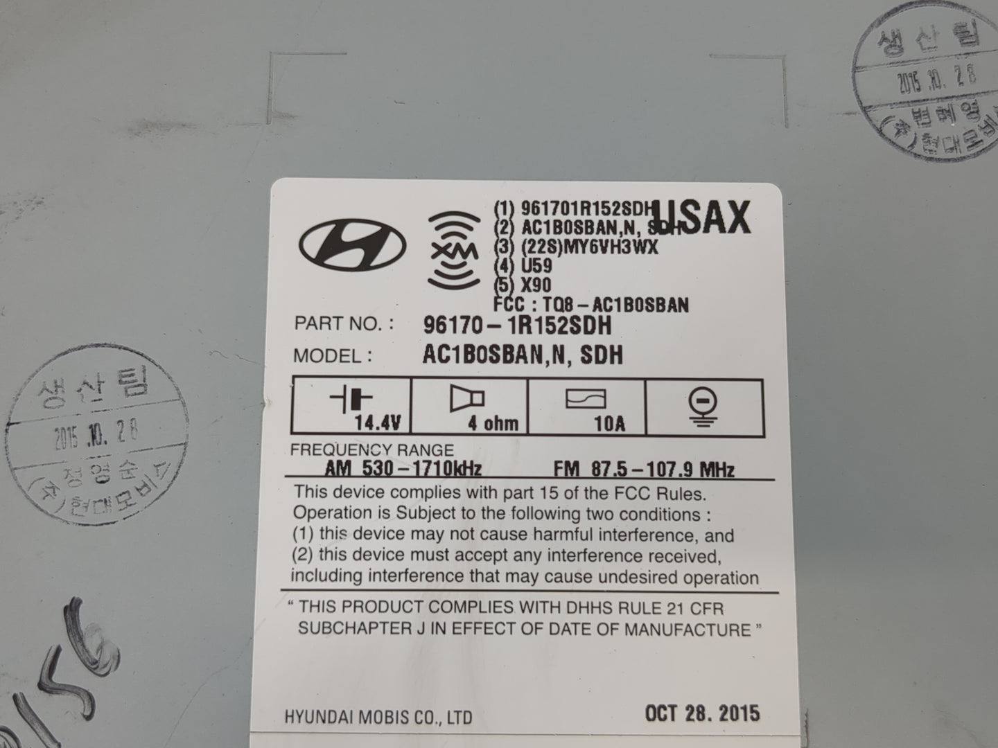 2015-2017 Hyundai Accent Radio AM FM Cd Player Receiver Replacement P/N:96170-1R152SDH Fits Fits 2015 2016 2017 OEM Used Aut