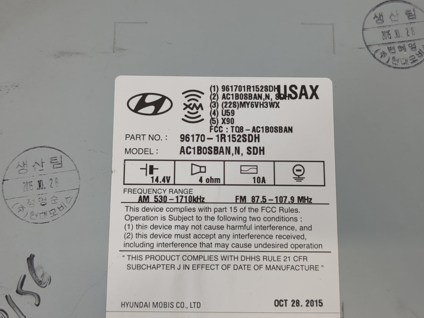 2015-2017 Hyundai Accent Radio AM FM Cd Player Receiver Replacement P/N:96170-1R152SDH Fits Fits 2015 2016 2017 OEM Used Aut