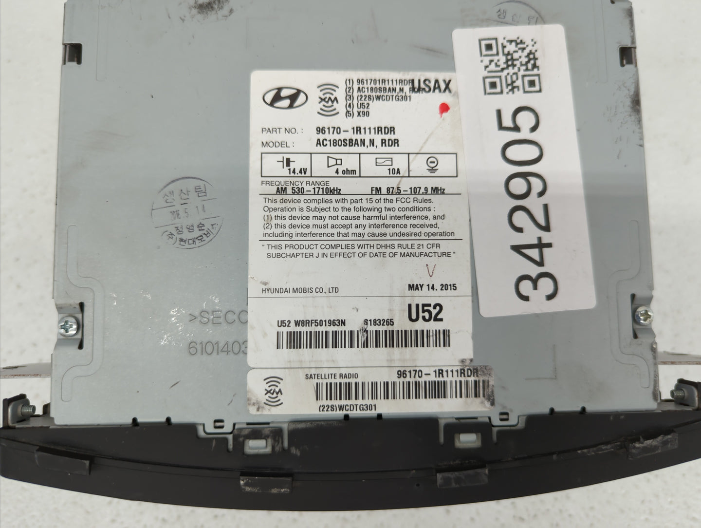 2016 Hyundai Accent Radio AM FM Cd Player Receiver Replacement P/N:96170-1R111 96170-1R111RDR, 96170-1R152RDR Fits OEM Used 