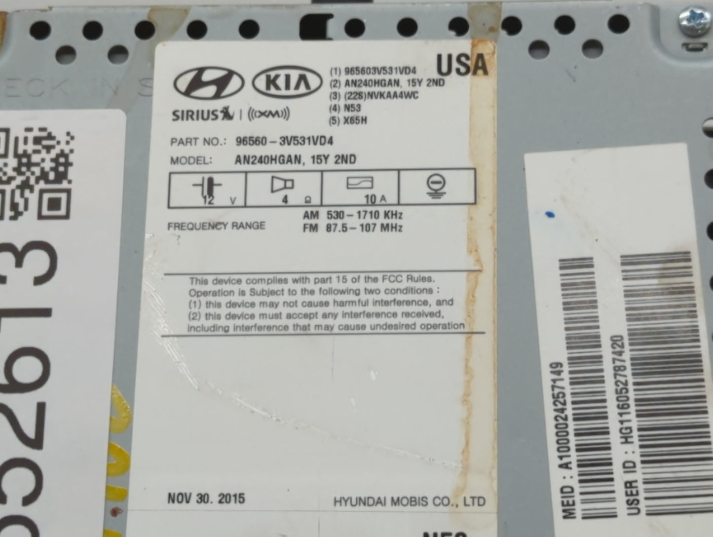 2015-2017 Hyundai Azera Radio AM FM Cd Player Receiver Replacement P/N:96560-3V530VD4 Fits Fits 2015 2016 2017 OEM Used Auto