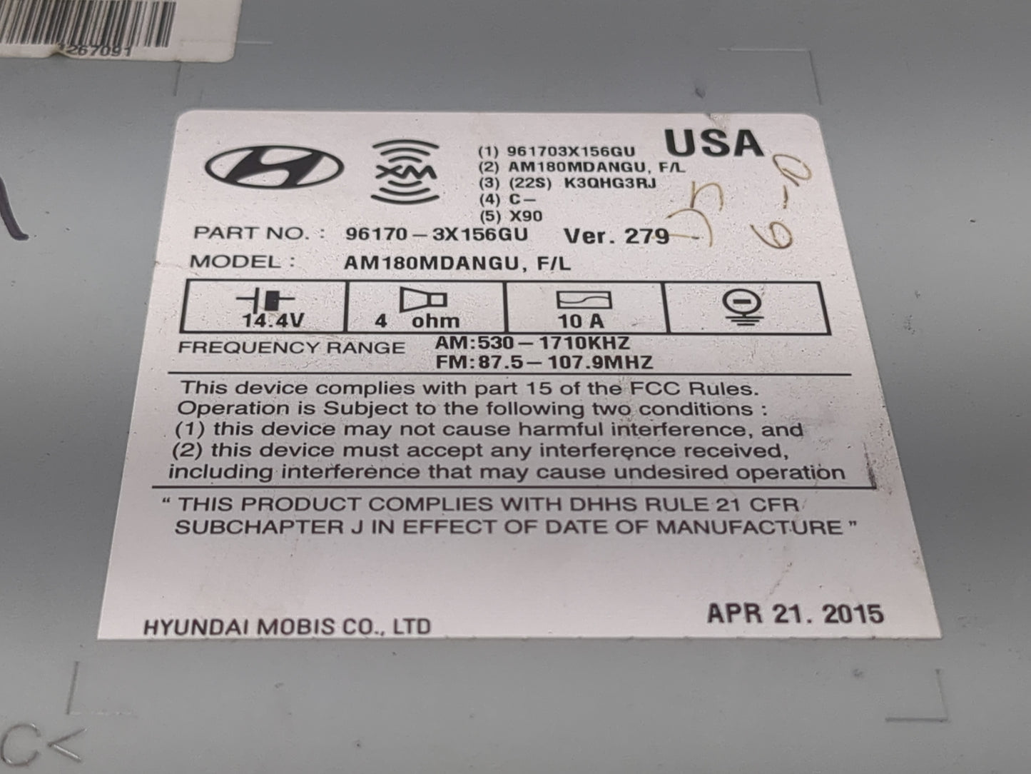 2014-2016 Hyundai Elantra Radio AM FM Cd Player Receiver Replacement P/N:96170-3X156GU Fits Fits 2014 2015 2016 OEM Used Aut