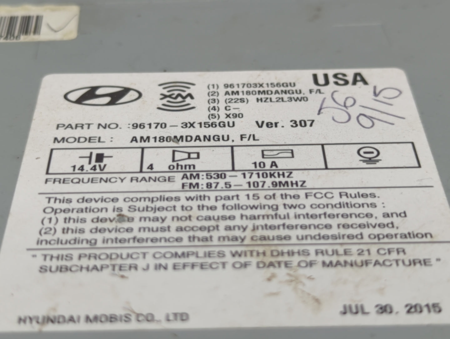 2014-2016 Hyundai Elantra Radio AM FM Cd Player Receiver Replacement P/N:96170-3X156GU Fits Fits 2014 2015 2016 OEM Used Aut