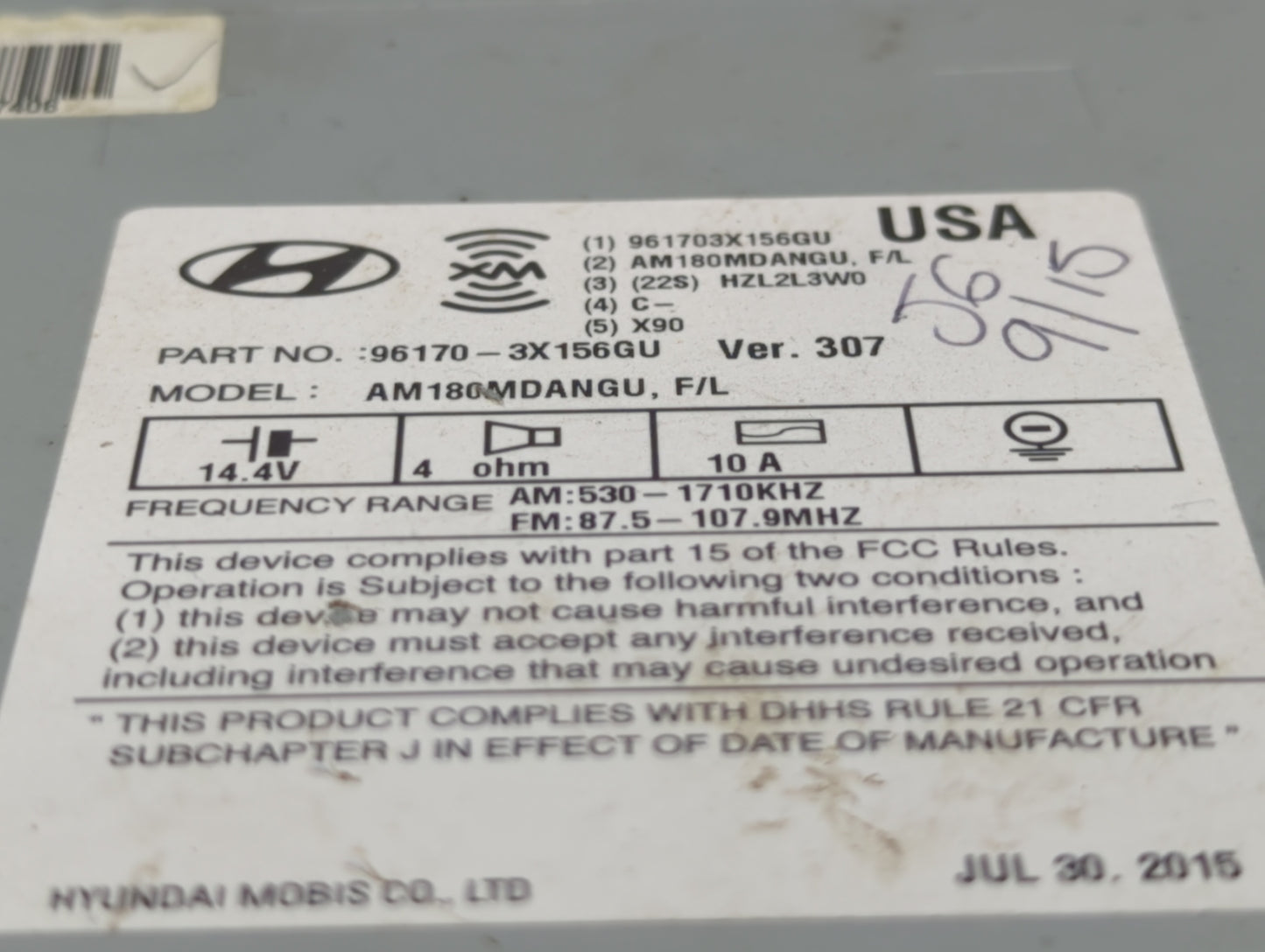 2014-2016 Hyundai Elantra Radio AM FM Cd Player Receiver Replacement P/N:96170-3X156GU Fits Fits 2014 2015 2016 OEM Used Aut