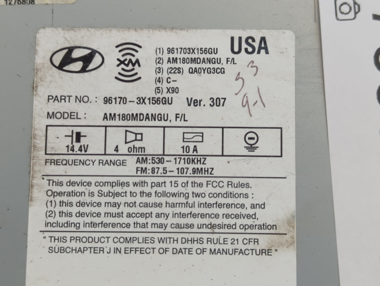 2014-2016 Hyundai Elantra Radio AM FM Cd Player Receiver Replacement P/N:96170-3X156GU Fits Fits 2014 2015 2016 OEM Used Aut