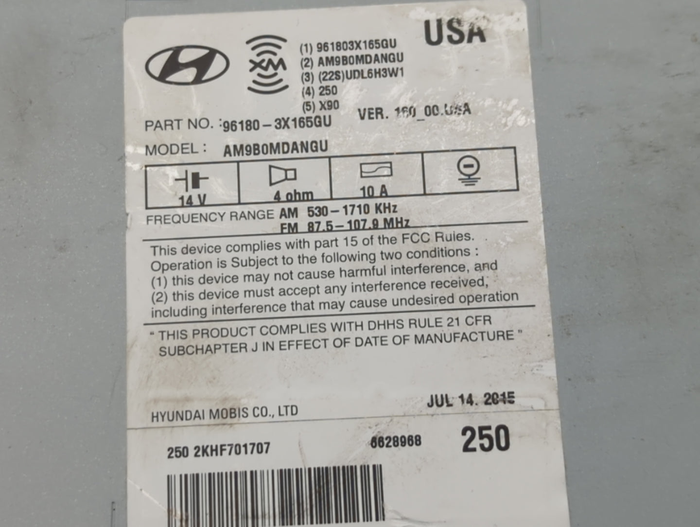 2014-2016 Hyundai Elantra Radio AM FM Cd Player Receiver Replacement P/N:96180-3X165GU Fits Fits 2014 2015 2016 OEM Used Aut