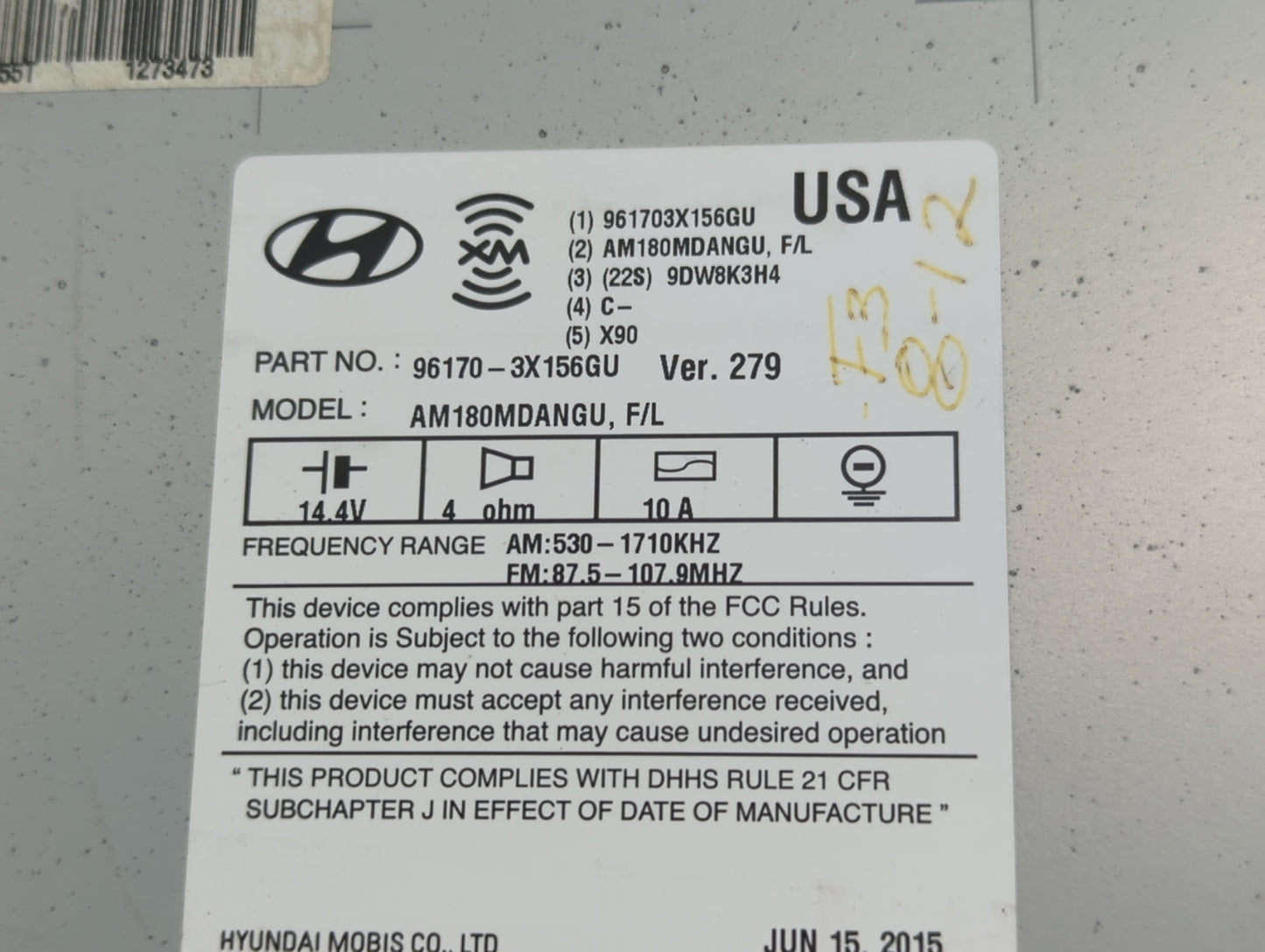 2014-2016 Hyundai Elantra Radio AM FM Cd Player Receiver Replacement P/N:96170-3X156GU Fits Fits 2014 2015 2016 OEM Used Aut