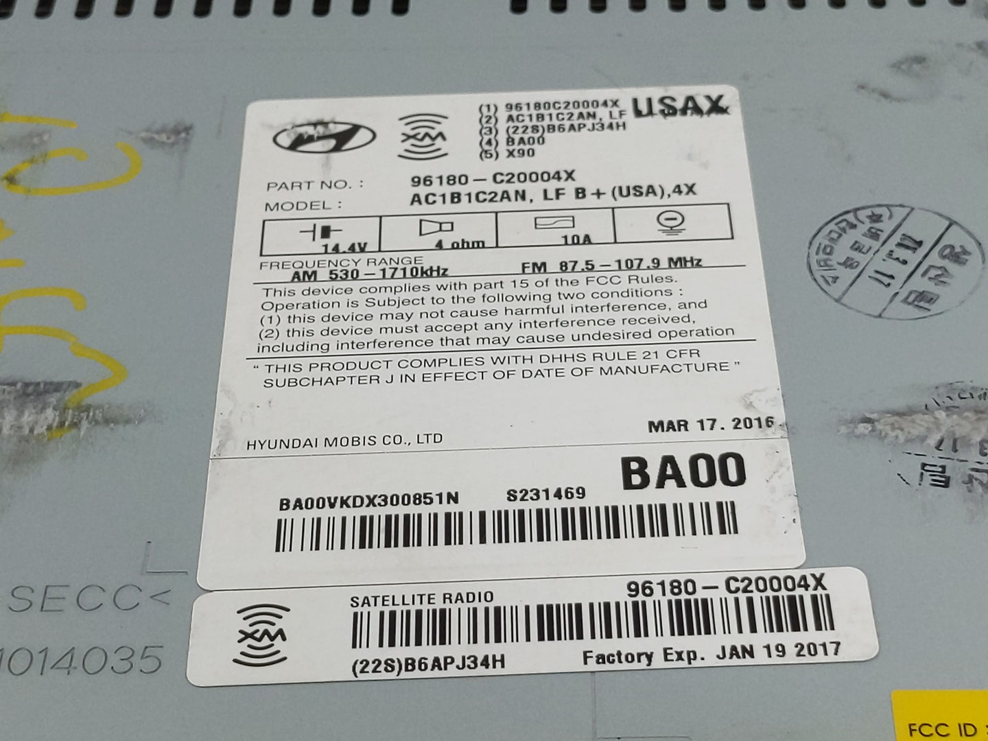 2015-2017 Hyundai Sonata Radio AM FM Cd Player Receiver Replacement P/N:96180-C20004X Fits Fits 2015 2016 2017 OEM Used Auto