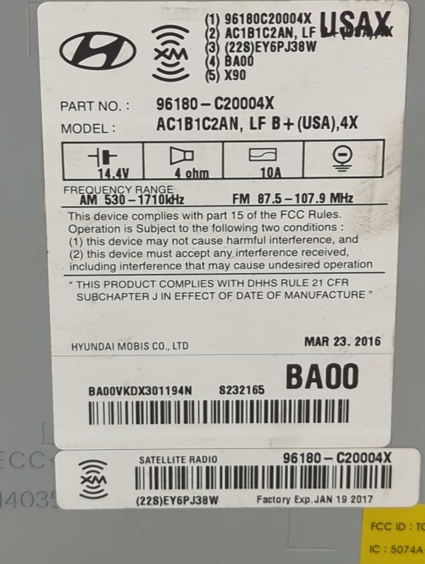 2015-2017 Hyundai Sonata Radio AM FM Cd Player Receiver Replacement P/N:96180-C20004X AC1B1C2AN Fits Fits 2015 2016 2017 OEM