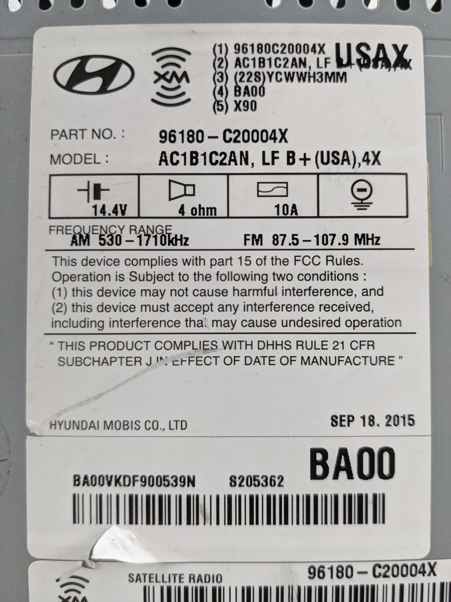 2015-2017 Hyundai Sonata Radio AM FM Cd Player Receiver Replacement P/N:96180-C20004X AC1B1C2AN Fits Fits 2015 2016 2017 OEM