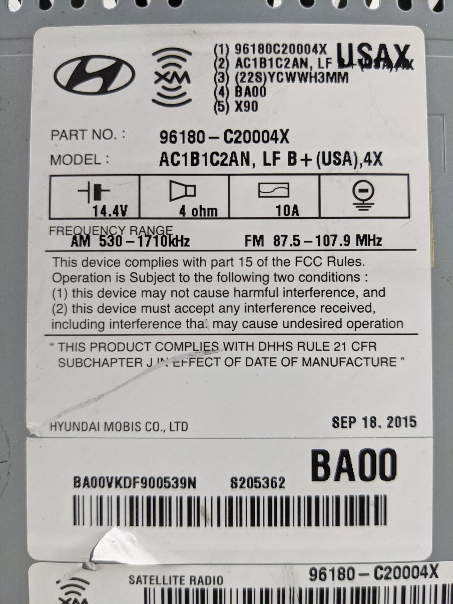 2015-2017 Hyundai Sonata Radio AM FM Cd Player Receiver Replacement P/N:96180-C20004X AC1B1C2AN Fits Fits 2015 2016 2017 OEM