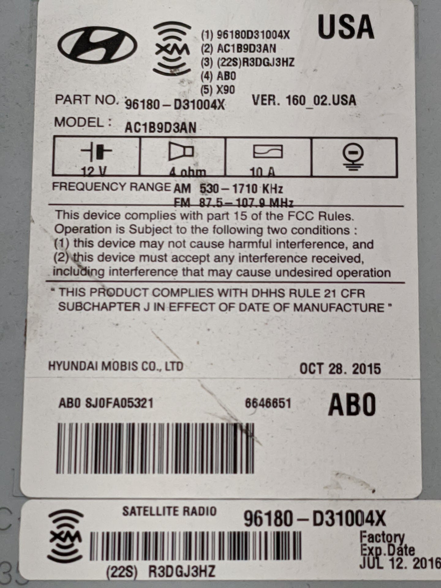 2016-2017 Hyundai Tucson Radio AM FM Cd Player Receiver Replacement P/N:96180-D31004X AC1B9D3AN Fits Fits 2016 2017 OEM Used
