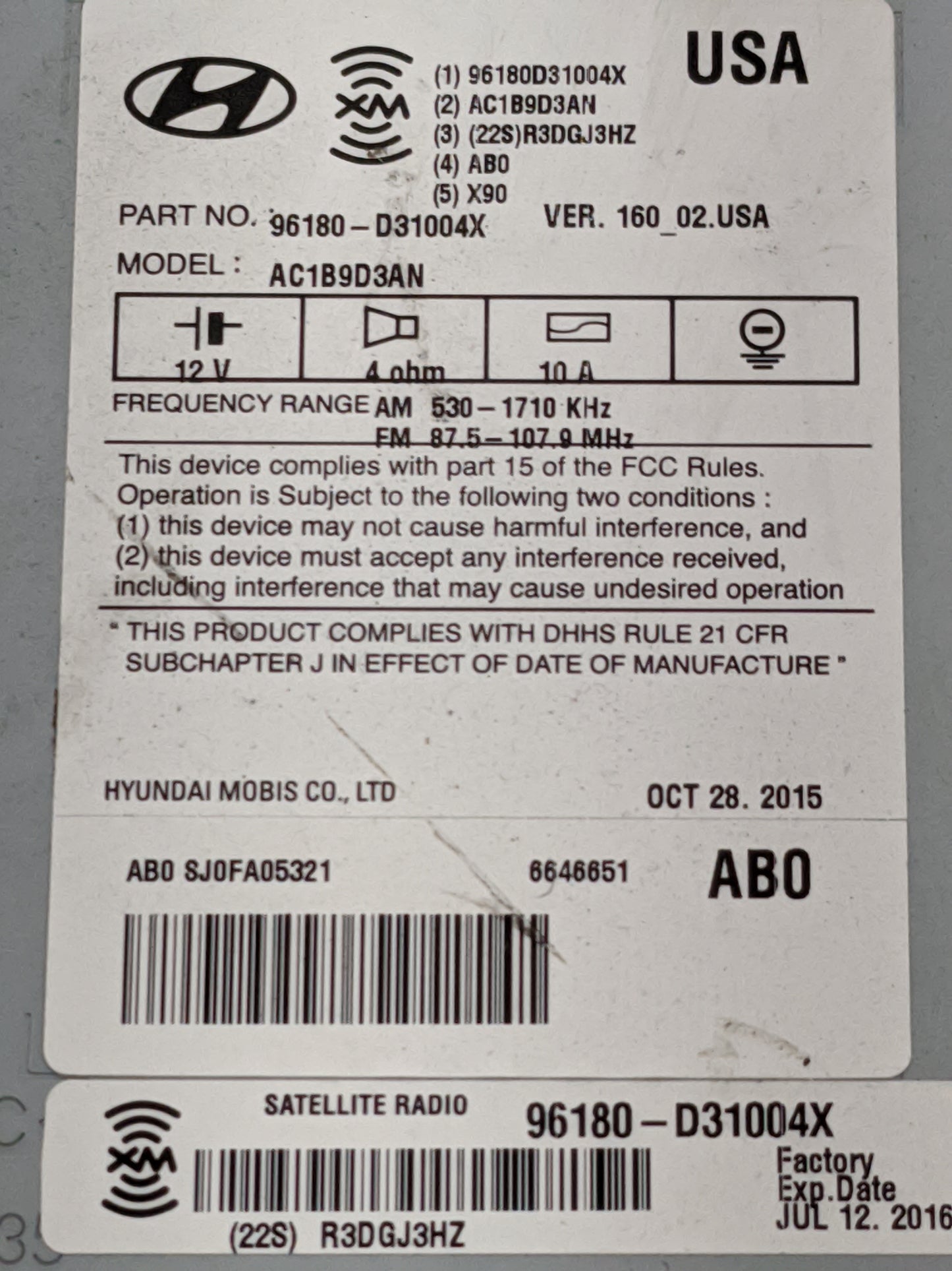 2016-2017 Hyundai Tucson Radio AM FM Cd Player Receiver Replacement P/N:96180-D31004X AC1B9D3AN Fits Fits 2016 2017 OEM Used